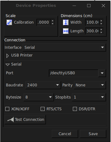 Inkcut device properties screen
